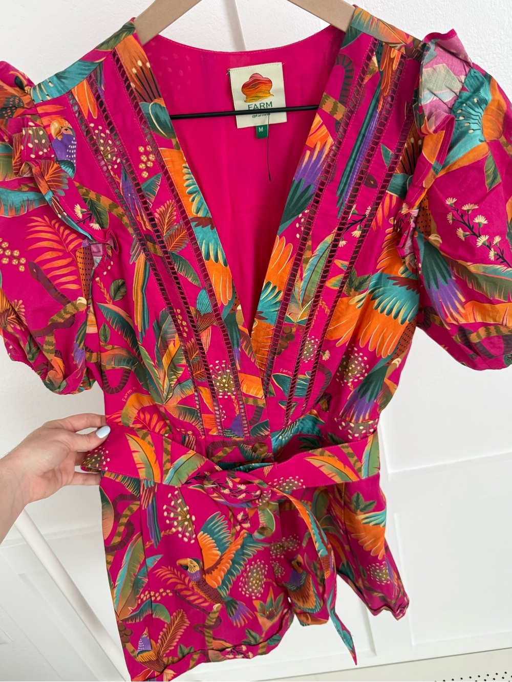 Farm Rio Pink Macaw Party Floral Romper